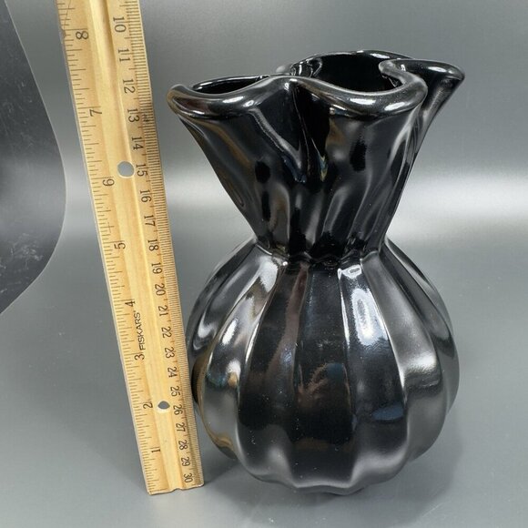 Vintage Haeger Black Paper Bag Shaped Pottery Vase Vessel Glazed Made In USA VTG - Picture 3 of 12